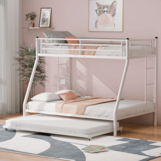 Kacho Metal Bunk Bed, Twin over Full Metal Bed with Twin Size Trundle, Bunkbed with Twin Size Trundle for Teen, Sturdy Steel Bedframe with Two-Side Ladders, No Spring Box Required, White
