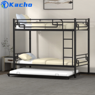 Kacho Metal Bunk Bed with Trundle, Twin over Twin over Twin Bunk Bed Convertible Into 3 Twin Size Bed, Heavy Duty Bunk Bed Frame with Full-Length Guardrails and Ladder, No Box Spring Needed, Black