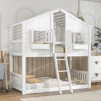 Kacho Wood Bunk Bed, Twin over Twin House Bunk Bed with Roof , Window, Window Box, Door , with Safety Guardrails and Ladder,White