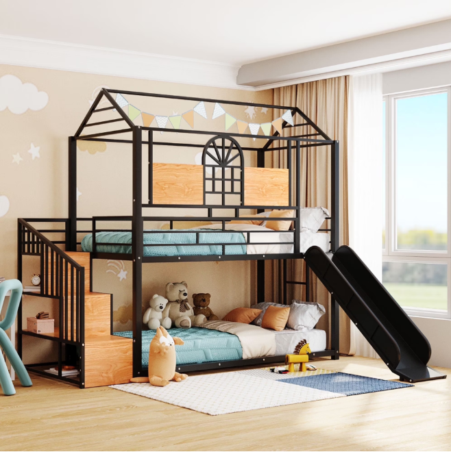 Kacho Twin Over Twin Bunk Bed with Stairs and Storage, House Bed with Slide and Roof, Twin Over Twin Metal Bunk Bed for Teens s, Space Saving, No Box Spring Needed, Black
