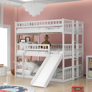 Kacho Triple Bunk Beds with Slide, Wooden Full-over-Full Triple Bed, Triple Bed with Built-in Ladder and Guardrails, Can be Convertible to 3 Beds, for Bedroom, , No Box Spring Needed, White
