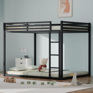 Kacho Bunk Bed Full Over Full, Metal Bunk Bed with Built-in Ladder and Full-Length Guardrail, Low Floor Bunk Beds for Teens Adults, Space Saving Bunk Bed, Noise Free, No Boxing Spring Needed, Black