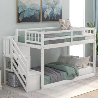Kacho Bunk Bed, Twin Over Twin Low Bunk Bed, Wood Floor Bunk Bed with Ladder and Full-Length Guardrails, Floor Twin Size Bunk Bed Frame for Teens,Strong Support Slats, No Box Spring Need, White