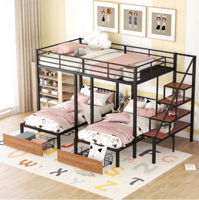 Kacho Heavy Duty Metal Triple Bunk Bed with Drawers and Staircase, Full Over Twin & Twin Bunk Bed, Metal Triple Bunk Bed Frame for Teens Aldults, Maximized Space, Black