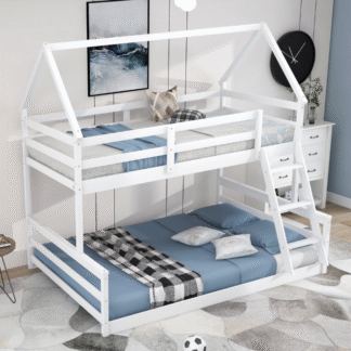 Kacho Twin over Full Low Bunk Bed, House Floor Bunk Bed, House Bed with Ladder, House Low Bunkbed Frame, Guardrail and Roofs Floor Bunk Bed for Teens, Adults ,White