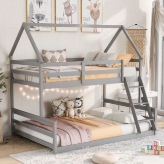 Kacho Twin over Full House Bunk Bed, House Floor Bunk Bed for Teens, Wooden Bedframe with Roof Ladder and Safety Guardrails, Bunk Bedframe for Bedroom Dorm, No Box Spring Needed, Gray