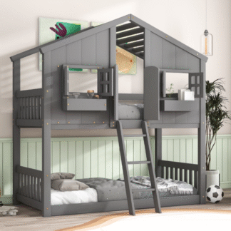 Kacho Wood Bunk Bed, Twin over Twin House Bunk Bed with Roof , Window, Window Box, Door , with Safety Guardrails and Ladder, Grey