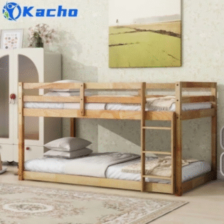 Kacho Twin Over Twin Bunk Bed with Ladder, Floor Bunk Bed Frame for Teens, Adults, Wood Bunk Bed with Guardrails Ladder, Twin Bunk Bed for Dormitory and Bedroom, No Box Spring Needed, Natural