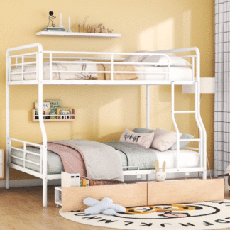 Kacho Metal Bunk Bed, Full XL Over Queen Bunk Bed with 2 Drawers and Enhanced Upper-Level Guardrail for Teens Adults, Convertible into 2 Separate Beds, Heavy Duty Bunk Bed Space Saving, White