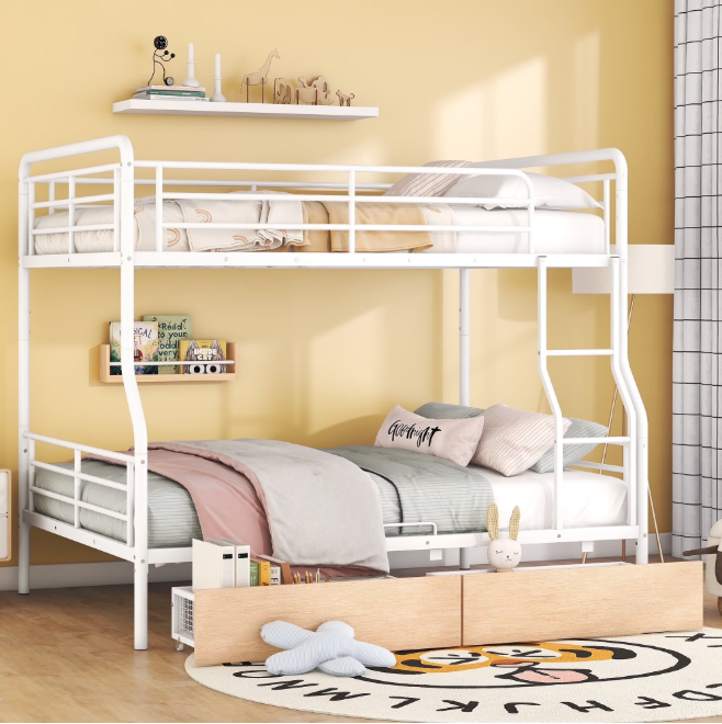 Kacho Metal Bunk Bed, Full XL Over Queen Bunk Bed with 2 Drawers and Enhanced Upper-Level Guardrail for Teens Adults, Convertible into 2 Separate Beds, Heavy Duty Bunk Bed Space Saving, White