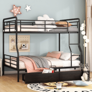 Kacho Bunk Bed, Full XL Over Queen Metal Bunk Bed with 2 Drawers and Enhanced Upper-Level Guardrail for Teens Adults, Convertible into 2 Separate Beds, Heavy Duty Bunk Bed Space Saving, Black
