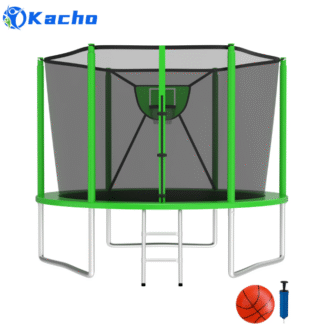 Kacho Trampoline 10FT, 1000LBS Trampoline for 1-2 Kids, Outdoor Trampoline with Safety Enclosure Net, Basketball Hoop, Ball, No Gap Design Backyard Trampoline, Round Recreational Trampoline, Green