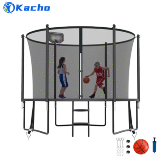 Kacho Trampoline 8FT, Trampoline with Enclosure Net, Heavy Duty Trampoline for 2-3 Kids Adults, 800LBS Trampoline with Basketball Hoop, Ladder, Outdoor Recreational Trampoline No Gap Design, Black