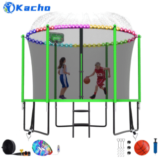 Kacho Trampoline 8FT, Trampoline with Enclosure Net, Heavy Duty Trampoline for 2-3 Kids Adults, 800LBS Trampoline with Basketball Hoop, Sprinkler, Light, Ladder, Trampoline No Gap Design, Green