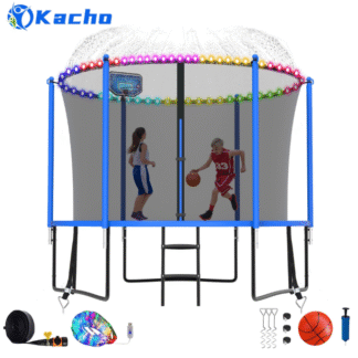 Kacho Trampoline 8FT, Trampoline with Enclosure Net, Heavy Duty Trampoline for 2-3 Kids Adults, 800LBS Trampoline with Basketball Hoop, Sprinkler, Light, Ladder, Trampoline No Gap Design, Blue
