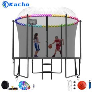 Kacho Trampoline 8FT, Trampoline with Enclosure Net, Heavy Duty Trampoline for 2-3 Kids Adults, 800LBS Trampoline with Basketball Hoop, Sprinkler, Light, Ladder, Trampoline No Gap Design, Black