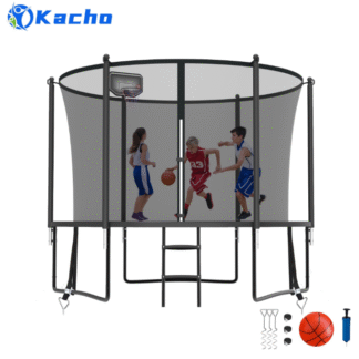 Kacho Trampoline 10FT, Trampoline with Enclosure Net, Heavy Duty Trampoline for 3-4 Kids Adults, 1000LBS Trampoline with Basketball Hoop, Ladder, Outdoor Recreational Trampoline No Gap Design, Black