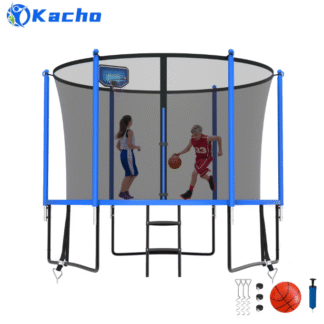 Kacho Trampoline 10FT, Trampoline with Enclosure Net, Heavy Duty Trampoline for 3-4 Kids Adults, 1000LBS Trampoline with Basketball Hoop, Ladder, Outdoor Recreational Trampoline No Gap Design, Blue