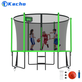 Kacho Trampoline 10FT, Trampoline with Enclosure Net, Heavy Duty Trampoline for 3-4 Kids Adults, 1000LBS Trampoline with Basketball Hoop, Ladder, Outdoor Recreational Trampoline No Gap Design, Green