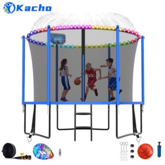 Kacho Trampoline 10FT, Trampoline with Enclosure Net, Heavy Duty Trampoline for 3-4 Kids Adults, 1000LBS Trampoline with Basketball Hoop, Sprinkler, Light, Ladder, Trampoline No Gap Design, Blue