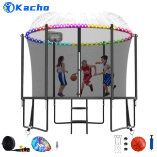 Kacho Trampoline 10FT, Trampoline with Enclosure Net, Heavy Duty Trampoline for 3-4 Kids Adults, 1000LBS Trampoline with Basketball Hoop, Sprinkler, Light, Ladder, Trampoline No Gap Design, Black