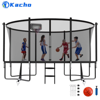 Kacho Trampoline 12FT, Trampoline with Enclosure Net, Heavy Duty Trampoline for 5-6 Kids Adults, 1200LBS Trampoline with Basketball Hoop, Ladder, Outdoor Recreational Trampoline No Gap Design, Black