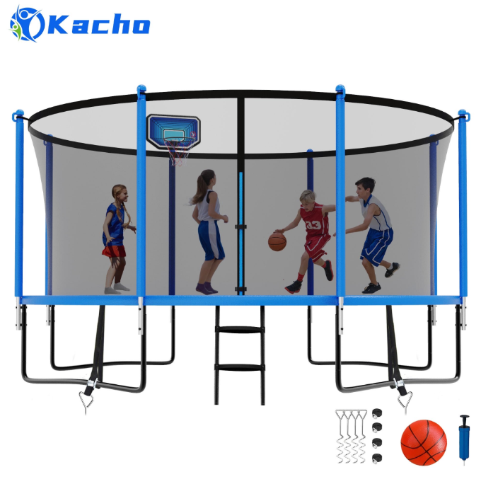 Kacho Trampoline 12FT, 1200LBS Trampoline for 1-2 Adults and 3-4 Kids, Heavy Duty Trampoline with Basketball Hoop, Ladder, Outdoor Recreational Trampoline with Enclosure Net, No Gap Design Trampoline