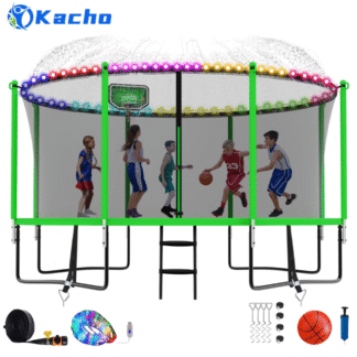 Kacho Trampoline 14FT, Trampoline with Enclosure Net, Heavy Duty Trampoline for 6-7 Kids Adults, 1400LBS Trampoline with Basketball Hoop, Sprinkler, Light, Ladder, Trampoline No Gap Design, Green