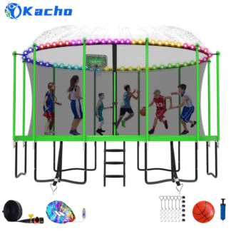 Kacho 15FT Trampoline 1500LBS for Kids Adults Trampoline with Sprinkler LED Lights, Outdoor Recreational Trampolines with Safety Enclosure Net Ladder, Fully Galvanized Anti-Rust Coating, Green