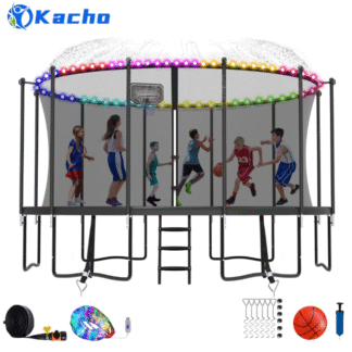 Kacho Trampoline for Kids and Adults 15FT, 1500LBS Trampoline with Enclosure Net, Sprinkler, Light, Heavy Duty Trampoline with Basketball Hoop, Ladder, Outdoor Recreational Trampoline No Gap Design