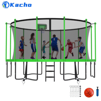 Kacho Trampoline 16FT, Trampoline with Enclosure Net, Heavy Duty Trampoline for 8-9 Kids Adults, 1500LBS Trampoline with Basketball Hoop, Ladder, Outdoor Recreational Trampoline No Gap Design, Green