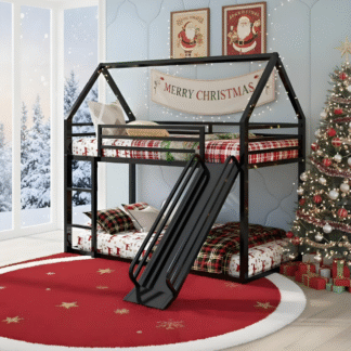 Kacho Twin over Twin Bunk Bed, Montessori Floor Bunk Bed with Convertible Slide, Heavy Duty Metal Low Bunk Beds for Teens Adults, Space-Saving Twin Bunk Bed for Bedroom Dorm, No Box Spring Needed