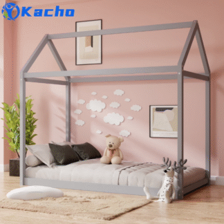 Kacho House Floor Bed, Wood Twin House Bed Frame with Roof and Slats, Montessori Bed for Girls, Boys, House Bed Frame for Bedroom, No Box Spring Needed, Easy Assembly, Gray