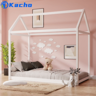 Kacho House Floor Bed, Wood Twin House Bed Frame with Roof and Slats, Montessori Bed for Girls, Boys, House Bed Frame for Bedroom, No Box Spring Needed, Easy Assembly, White