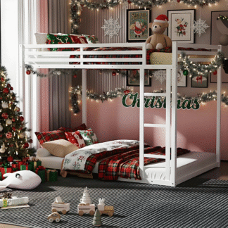 Kacho Bunk Bed Full Over Full, Metal Bunk Bed with Built-in Ladder and Full-Length Guardrail, Low Floor Bunk Beds for Teens Adults, Noise Free, No Boxing Spring Needed, Space Saving, White