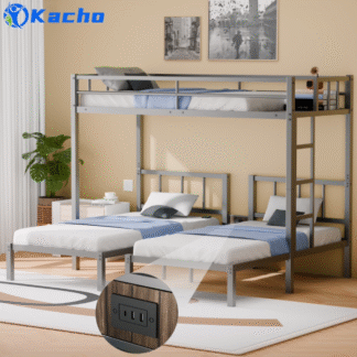 Kacho Triple Bunk Bed Twin Over Twin, Metal Twin 3 Bed Bunk Beds with Safety Guardrail & Ladder, Bunk Bed for Three 3 Bed Frame with Storage Shelves Staircase, No Box Spring Needed, Silver