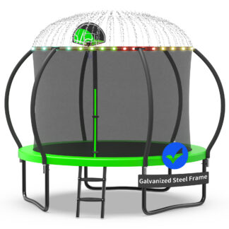 Kacho Trampoline with Enclosure Net for Kids and Adults, 1000LBS Capacity 10FT Trampoline with Basketball Hoop, Ladder, LED Lights, Sprinkler, Socks, Wind Stakes, Outdoor Heavy Duty Trampoline, Green