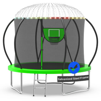 Kacho Trampoline, Trampoline with Enclosure Net 10FT 1000LBS Trampoline for 1-2 Kids, Trampoline with Basketball Hoop and Ladder, Ball, Light, Sprinkler, Heavy Duty Outdoor Trampoline, Green
