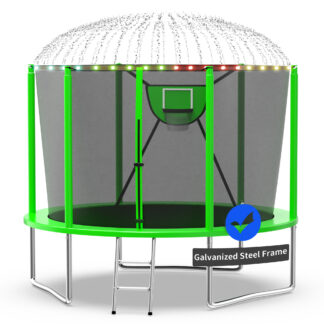 Kacho Trampoline 10FT, 1000LBS Trampoline for 1-2 Kids, Outdoor Trampoline with Safety Enclosure Net, Basketball Hoop, Ball, Light, Sprinkler, No Gap Design Backyard Recreational Trampoline, Green