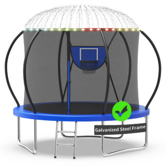 Kacho Trampoline, Trampoline with Enclosure Net 10FT 1000LBS Trampoline for 1-2 Kids, Trampoline with Basketball Hoop and Ladder, Ball, Light, Sprinkler, Heavy Duty Outdoor Trampoline, Blue