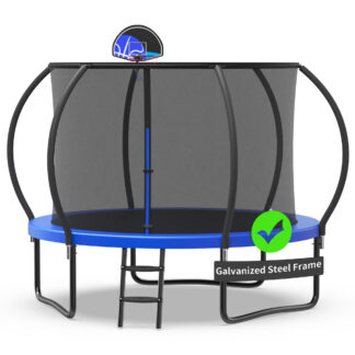 Kacho Trampoline with Enclosure Net for Kids and Adults, 1000LBS Capacity 10FT Trampoline with Basketball Hoop, Ladder, Wind Stakes, Outdoor Heavy Duty Trampoline, Blue