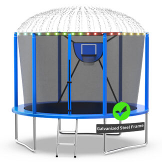 Kacho Trampoline for Kids, Trampoline 10FT 12FT 14FT 16FT, Heavy Duty Trampoline with Enclosure net, Basketball hoop, Ball, Sprinkler, Light, Ladder, Outdoor Backyard Trampoline, No gap Design Blue