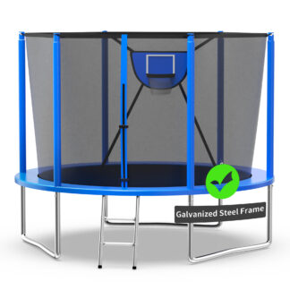 Kacho Trampoline for Kids, Trampoline 10FT 12FT 14FT 16FT, Heavy Duty Trampoline with Enclosure net, Basketball hoop, Ball, Ladder, Outdoor Backyard Recreational Trampoline, No gap Design Blue