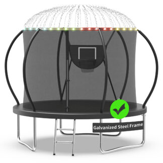 Kacho Trampoline 10FT, Trampoline with Enclosure Net, 1000LBS Trampoline for 3-4 Kids, Trampoline with Basketball Hoop and Ladder, Ball, Light, Sprinkler, Heavy Duty Outdoor Trampoline, Black