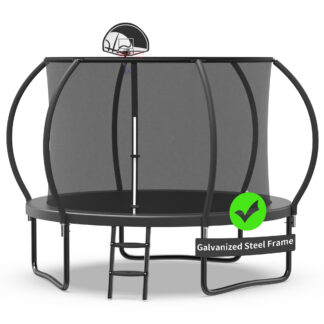 Kacho Trampoline with Enclosure Net for Kids and Adults, 1000LBS Capacity 10FT Trampoline with Basketball Hoop, Ladder, Wind Stakes, Outdoor Heavy Duty Trampoline, Black
