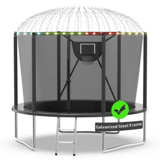 Kacho Trampoline 10FT, 1000LBS Trampoline for 1-2 Kids, Outdoor Trampoline with Safety Enclosure Net, Basketball Hoop, Ball, Light, Sprinkler, No Gap Design Backyard Recreational Trampoline, Black
