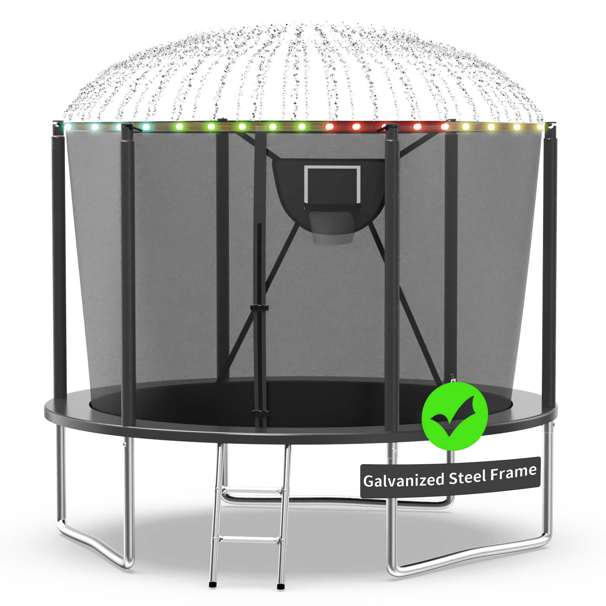 Kacho Trampoline 10FT, 1000LBS Trampoline for 1-2 Kids, Outdoor Trampoline with Safety Enclosure Net, Basketball Hoop, Ball, Light, Sprinkler, No Gap Design Backyard Recreational Trampoline, Black