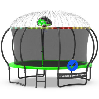 Kacho Trampoline with Enclosure Net for Kids and Adults, 1200LBS Capacity 12FT Trampoline with Basketball Hoop, Ladder, LED Lights, Sprinkler, Outdoor Heavy Duty Trampoline, Green