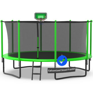 Kacho Trampoline 1200LBS 12FT Trampoline for Kids Adults, Trampoline with Basketball Hoop, Enclosure, Ladder and Wind Stakes, Outdoor Heavy Duty Galvanized Recreational Trampoline for Family