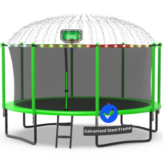 Kacho Trampoline 1200LBS 12FT Trampoline for Kids Adults, Trampoline with Basketball Hoop, Enclosure, Wind Stakes, Lights, Sprinkler and Socks, Outdoor Heavy Duty Galvanized Recreational Trampoline